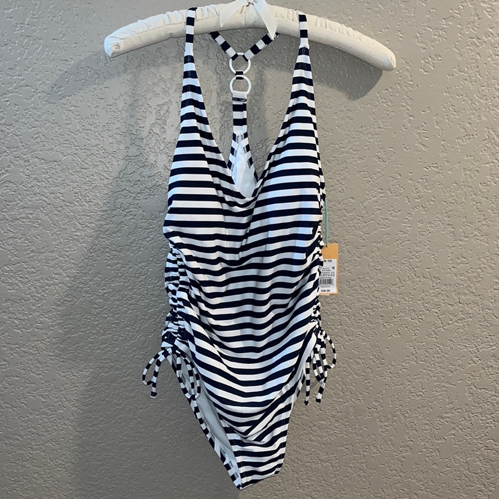 Kona Sol Swim Suit Bathing Suit High Coverage One Piece Navy Blue Stripes - Picture 8 of 8